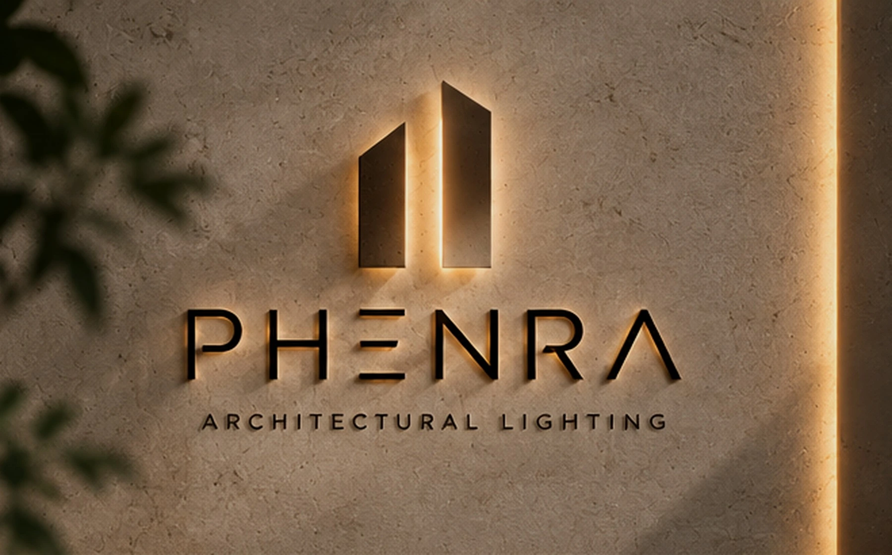 PHENRA wordmark and illuminated architectural symbol on a warm stone wall